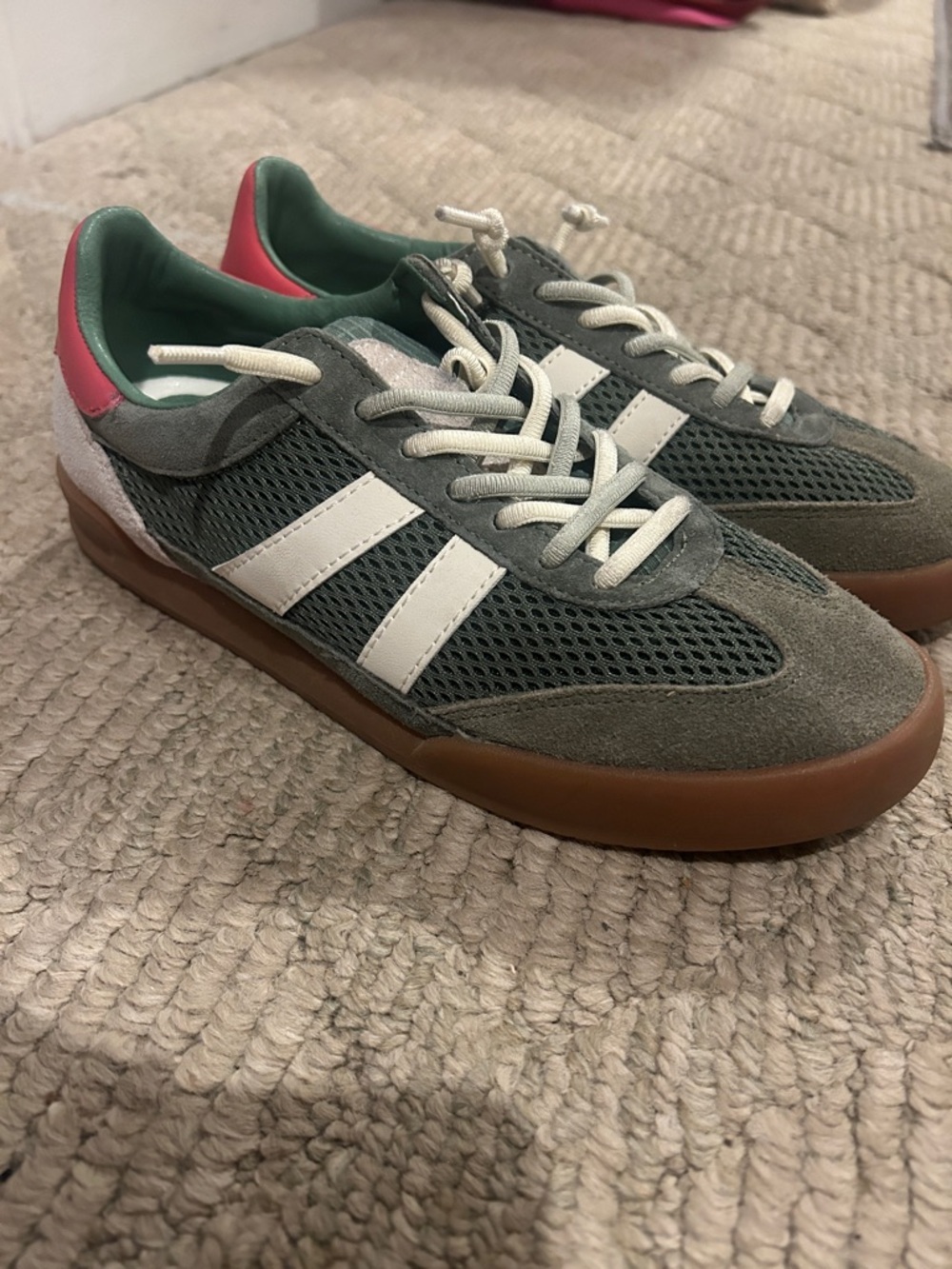 Steve Madden Olive Mesh & Suede Sneakers with Gum Sole and Pink Heel - Picture 4 of 10